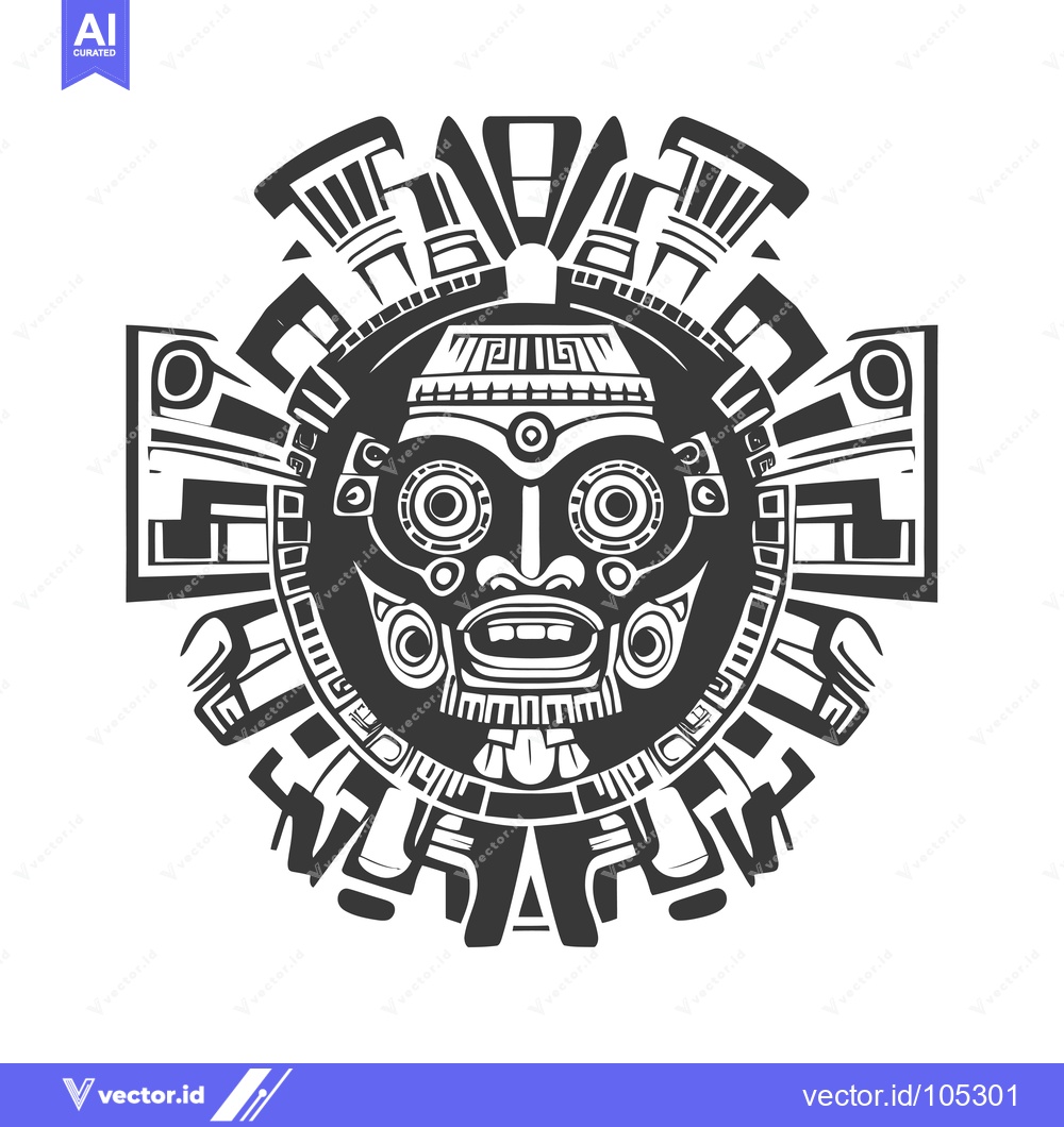 Premium Vector dari Stylized Black and White Mayan Mask with Geometric Patterns