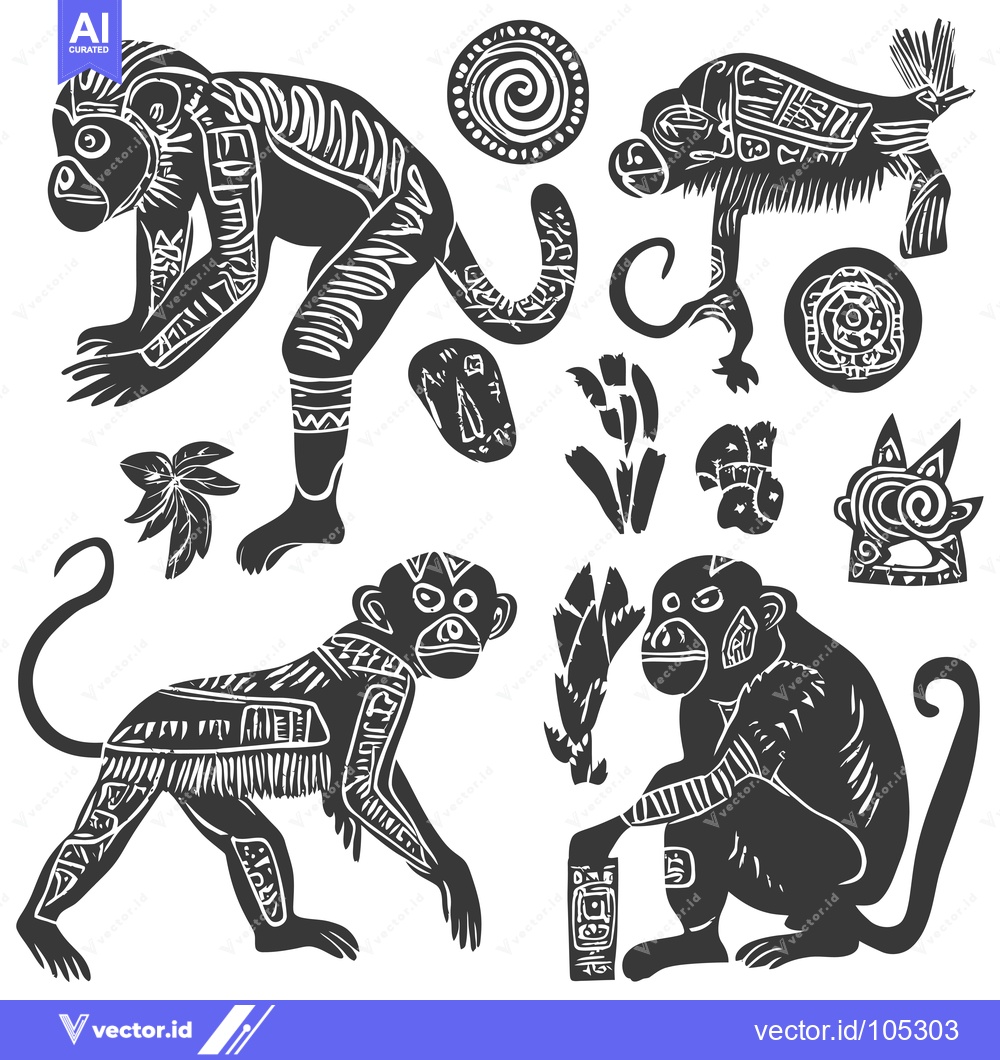 Premium Vector of Stylized Black and White Monkey Illustrations with Geometric Patterns