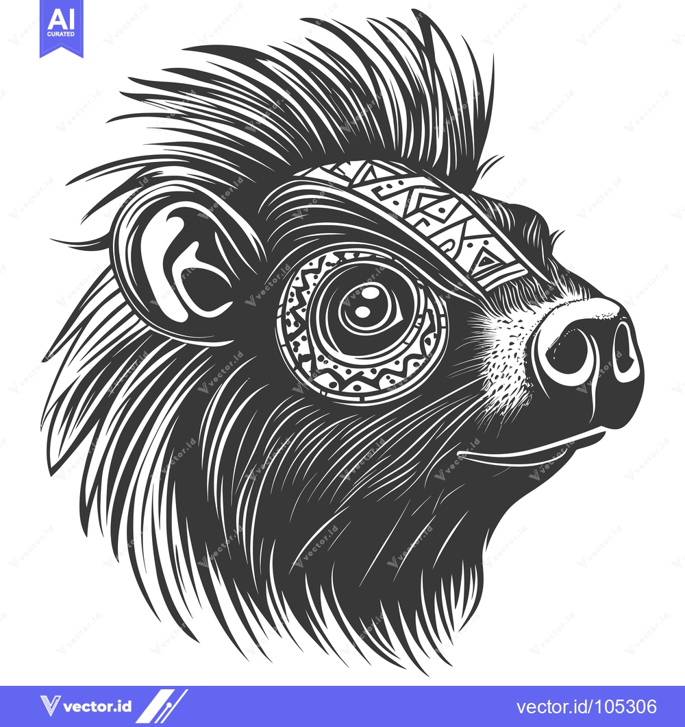 Premium Vector dari Stylized Black and White Portrait of a Lemur with Tribal Markings
