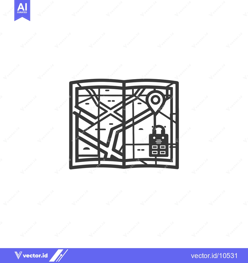 Premium Vector of A Black and White Line Drawing of a Map with a Pin and a Padlock
