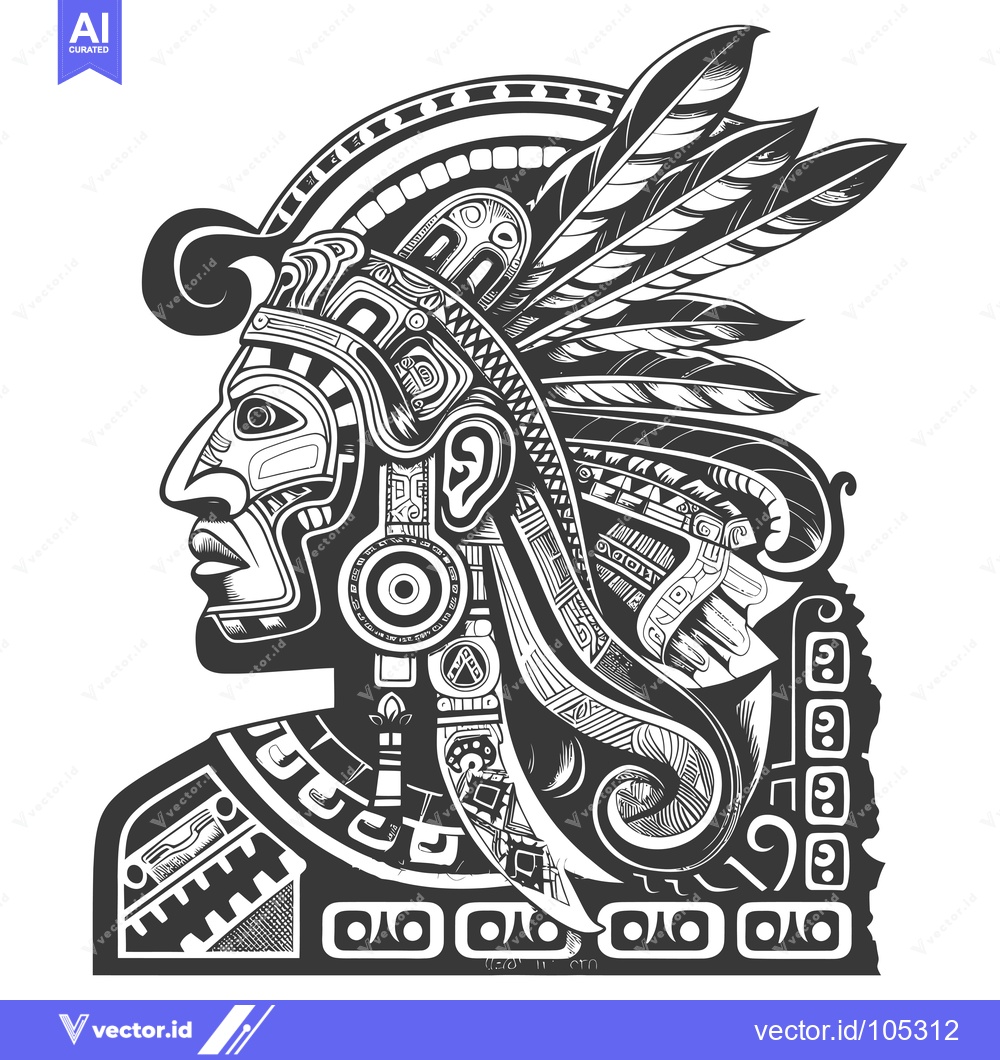 Premium Vector dari Stylized Black and White Profile of an Aztec Warrior with Feathers