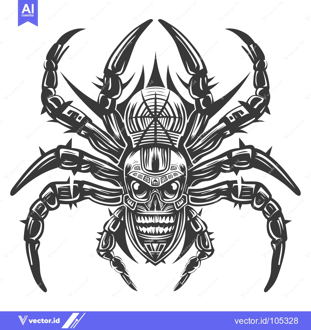 Premium Vector dari Stylized Black and White Spider with Skull-like Head