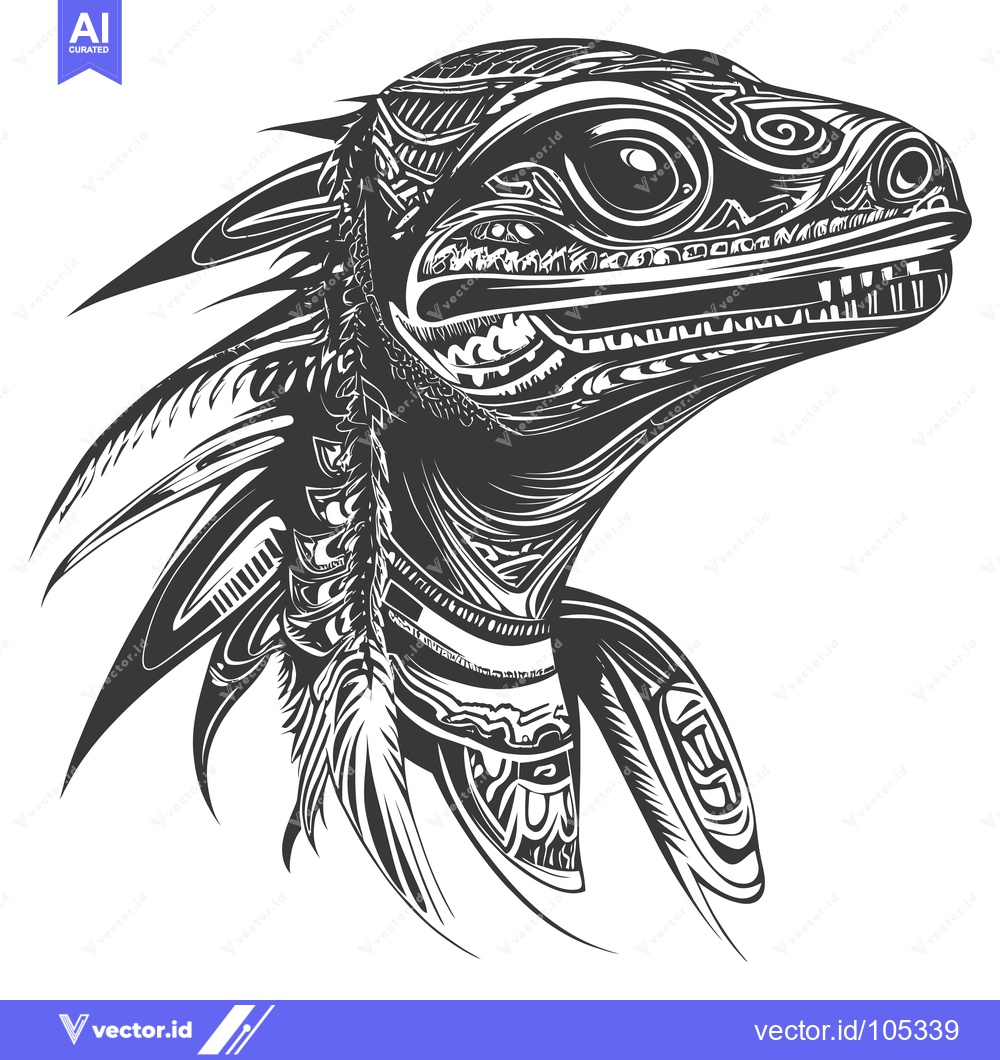 Premium Vector dari Stylized Black and White Tribal Lizard Head with Feathers