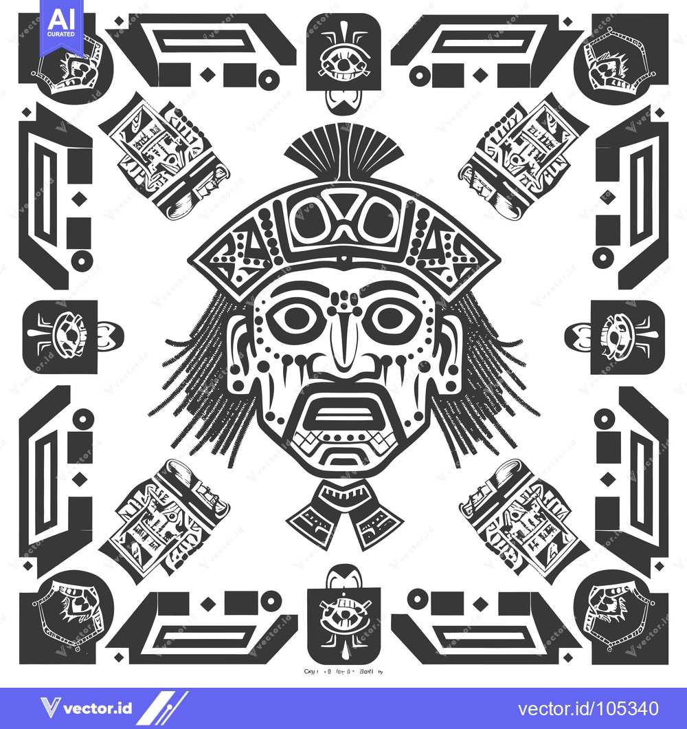 Premium Vector dari Stylized Black and White Tribal Mask with Geometric Border