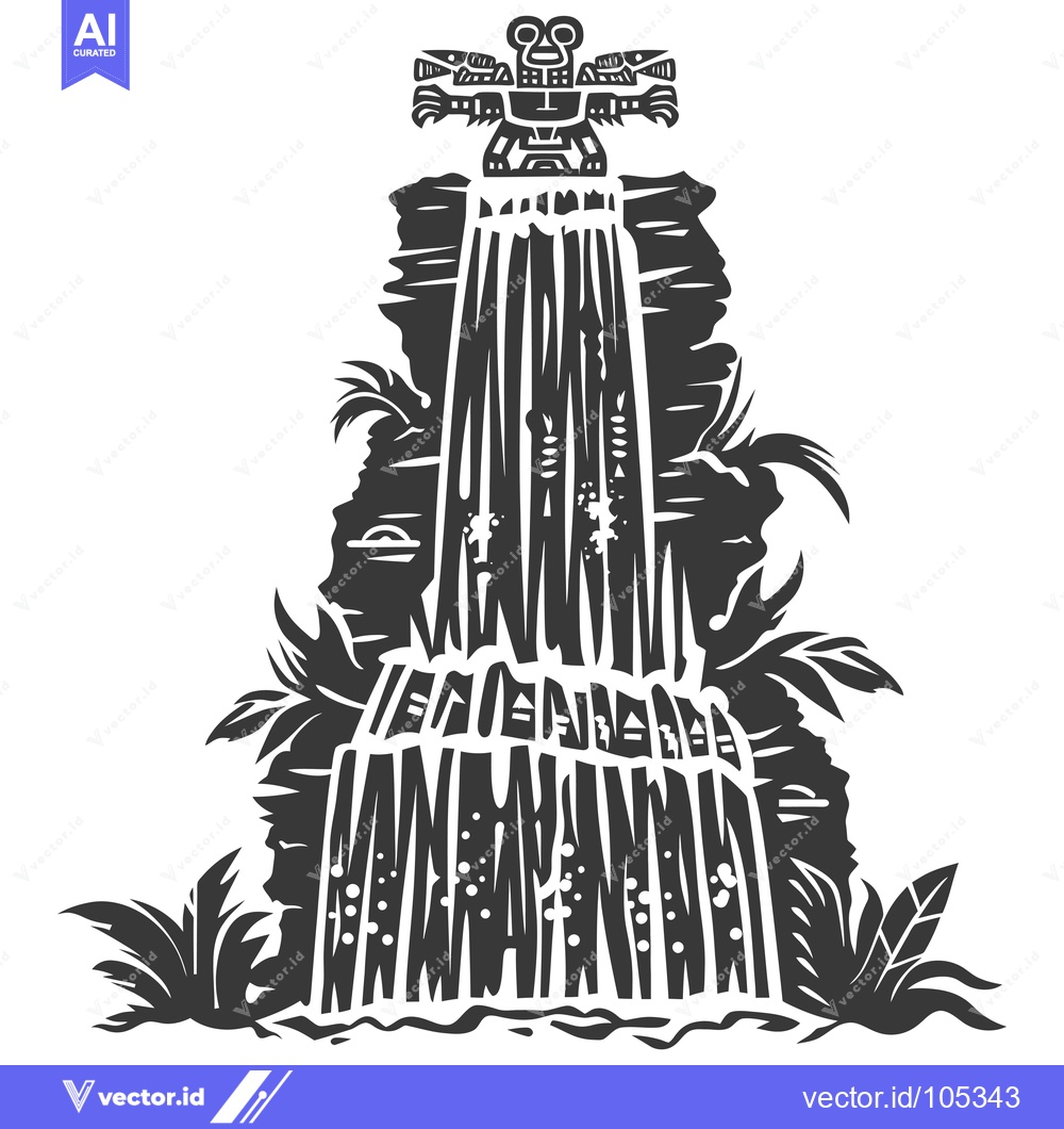 Premium Vector dari Stylized Black and White Waterfall with a Figurine on Top