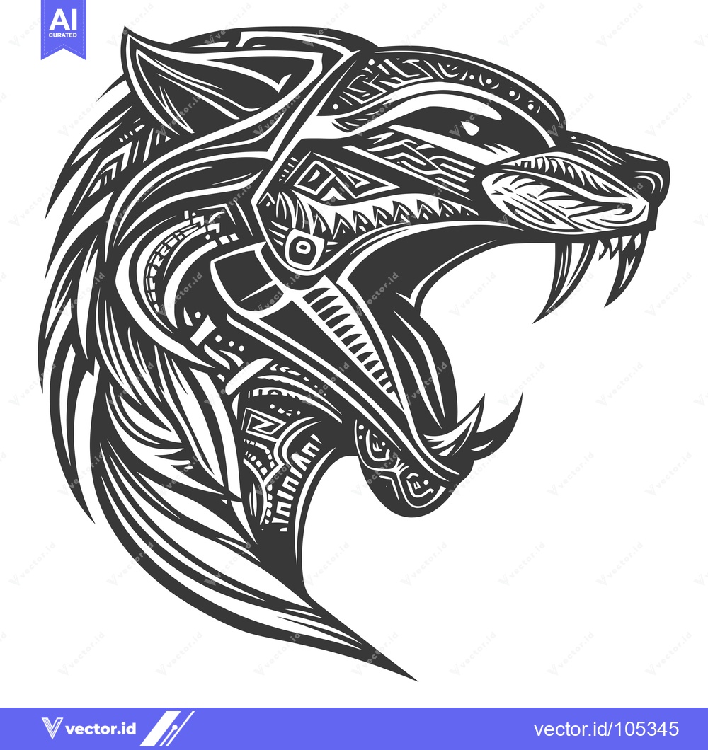 Premium Vector of Stylized Black and White Wolf Head with Open Mouth and Fangs
