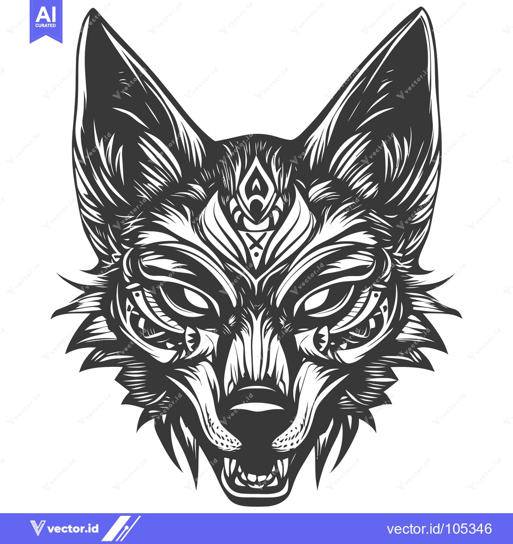 Premium Vector dari Stylized Black and White Wolf Head with Ornate Design