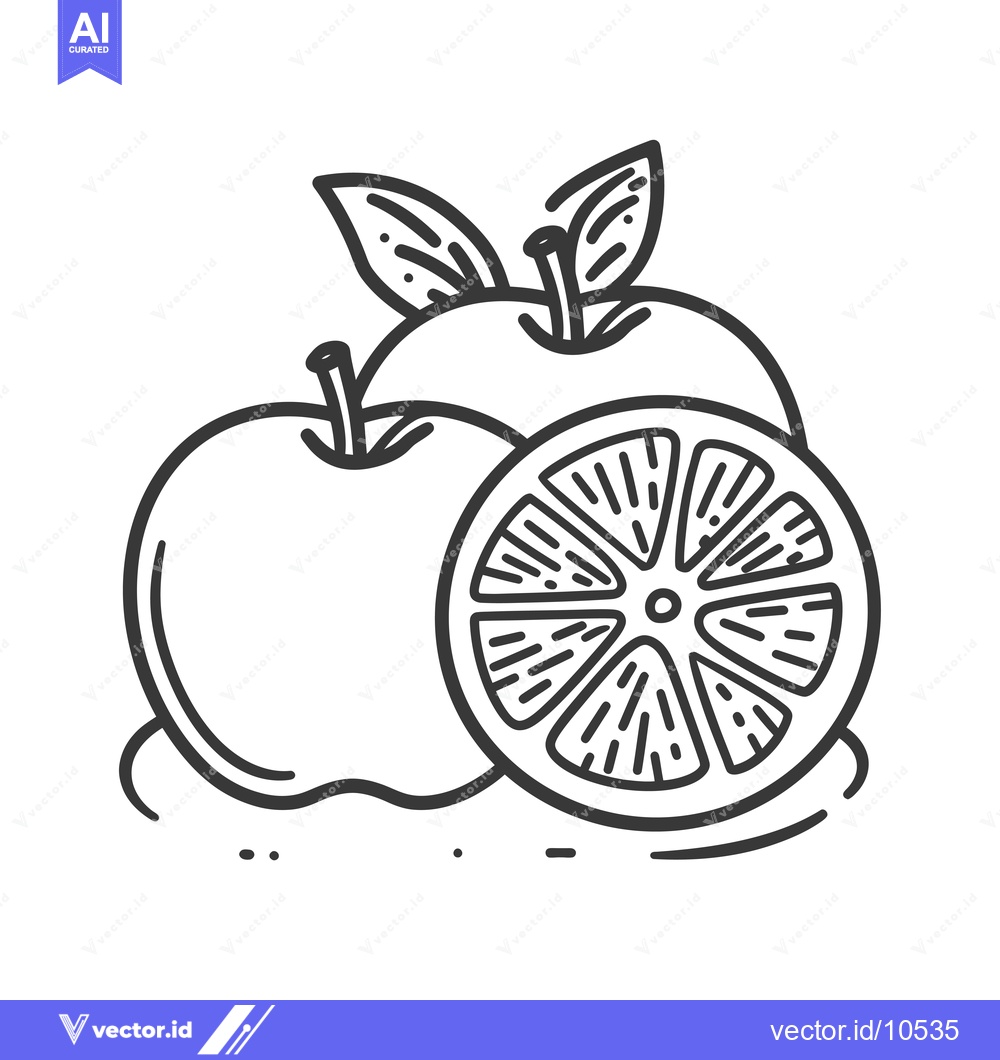 Premium Vector dari A black and white line drawing of an apple and a slice of orange.