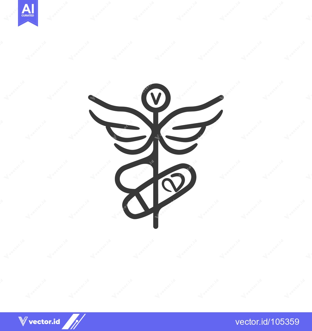 Premium Vector of Stylized Caduceus with Wings, Pills, and Heart