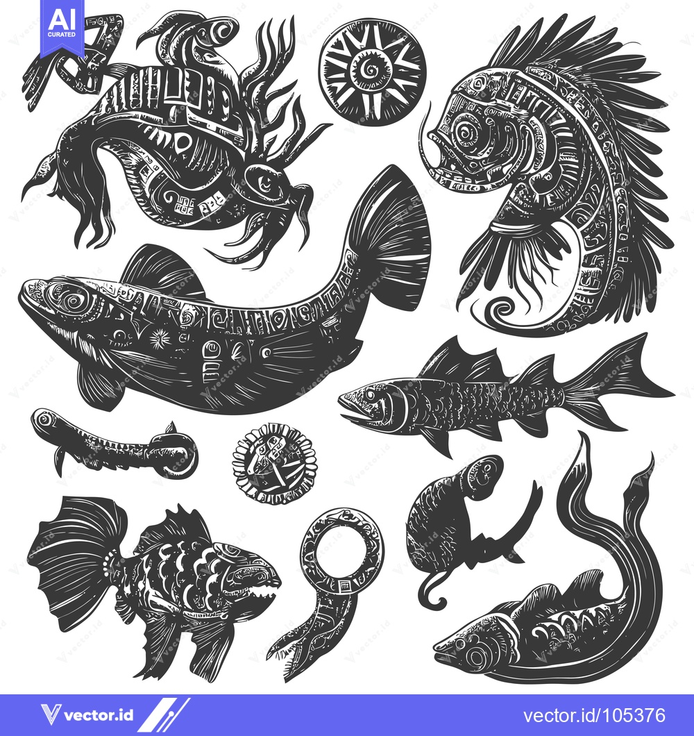 Premium Vector dari Stylized Fish and Sea Life with Geometric Patterns