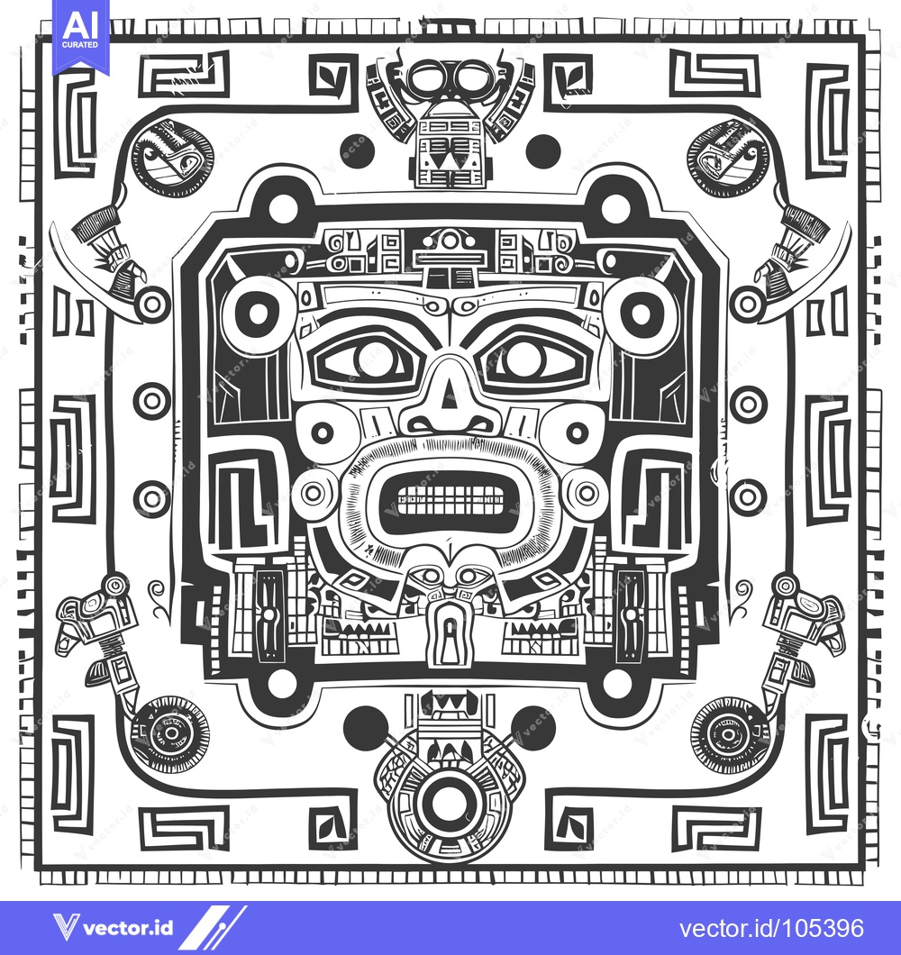 Premium Vector dari Stylized Geometric Mayan Deity Face with Ornamental Border