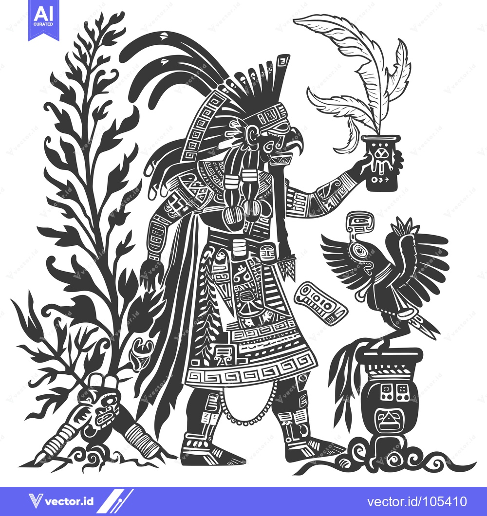 Premium Vector of Stylized Illustration of an Aztec Figure with a Bird and Feathers