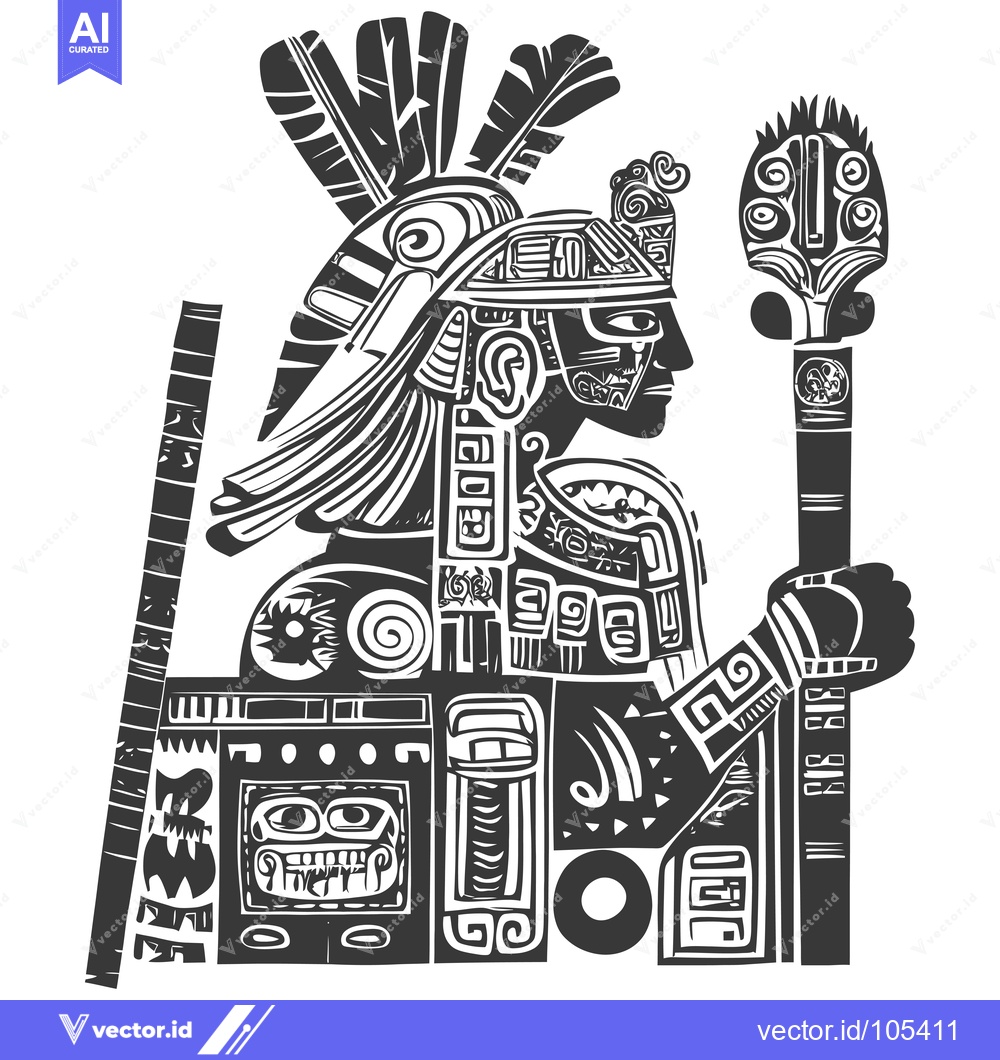 Premium Vector dari Stylized Illustration of an Aztec Warrior Holding a Ceremonial Staff