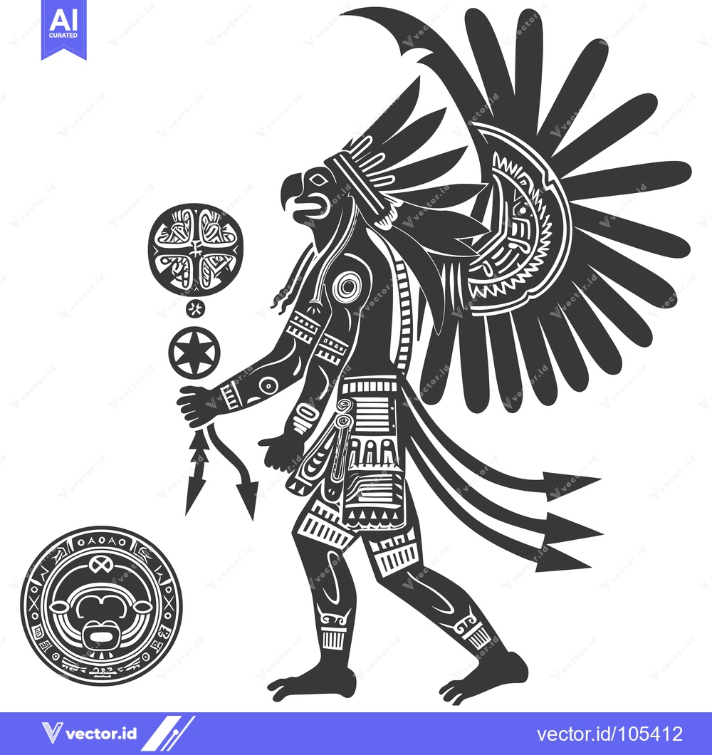 Premium Vector of Stylized Illustration of an Aztec Warrior with Feathered Headdress and