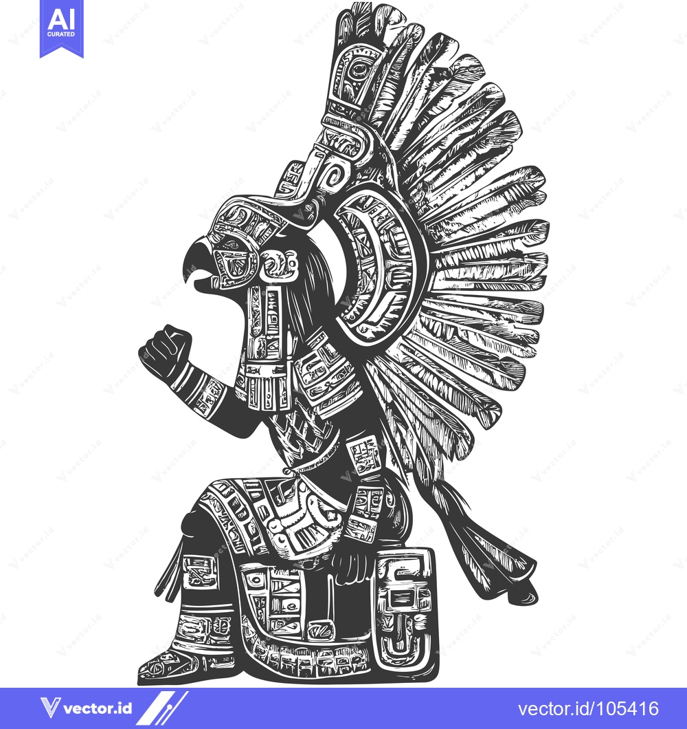 Premium Vector dari Stylized Illustration of a Seated Aztec Deity with Feathered Headdress