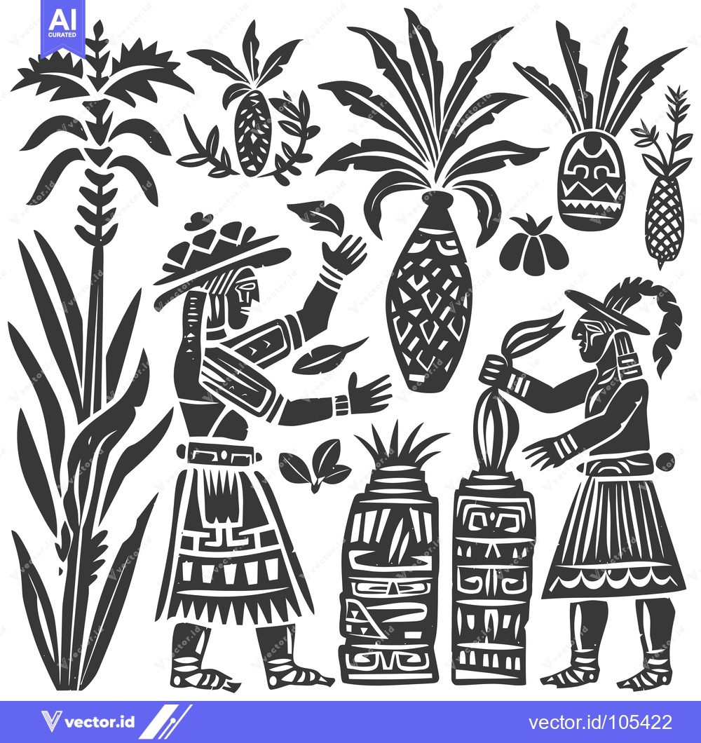 Premium Vector dari Stylized Illustration of Two Figures with Tropical Plants and Pineappl