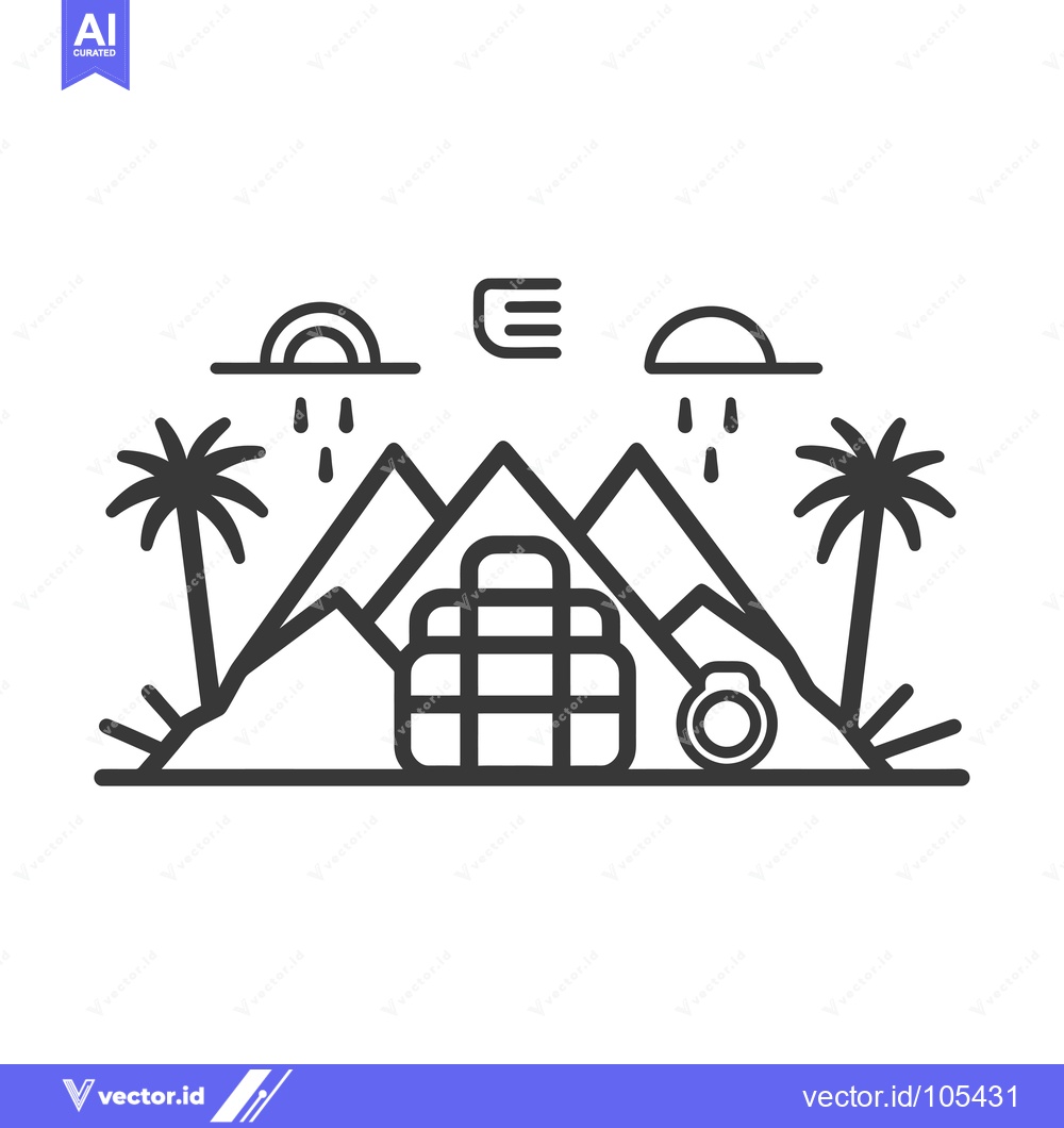 Premium Vector of Stylized Line Art Depicting Pyramids in a Desert Landscape with Palm T