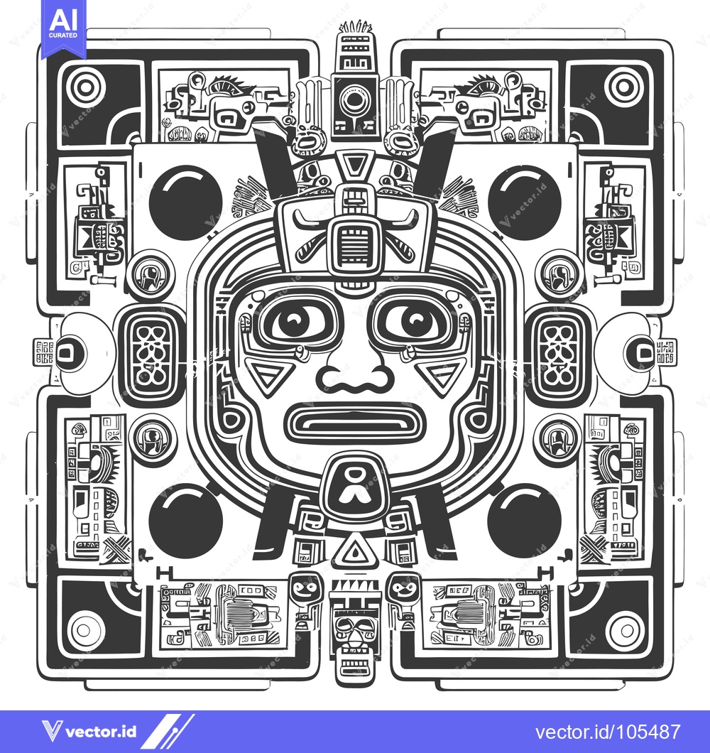 Premium Vector dari Stylized Monochromatic Illustration of a Mayan Face Surrounded by Geom