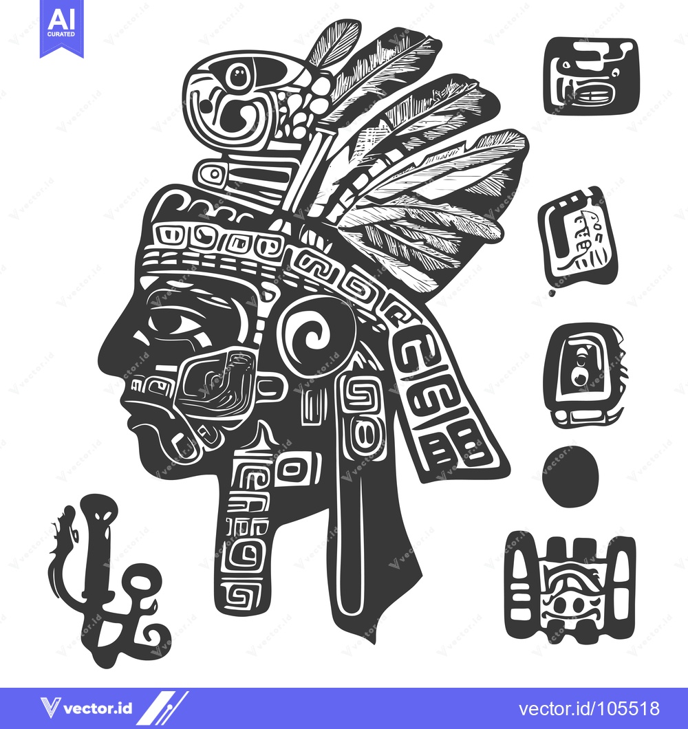 Premium Vector of Stylized Portrait of an Aztec Warrior with Ornamental Headpiece