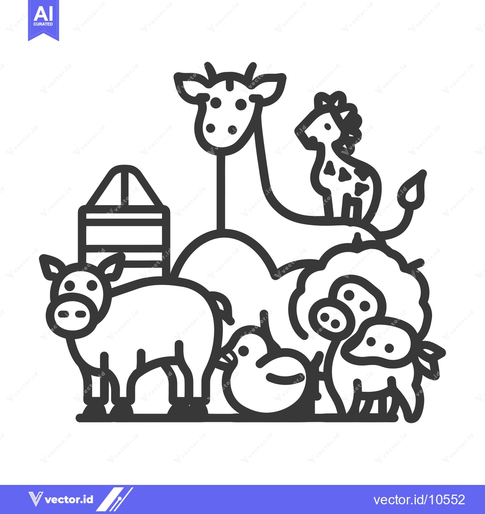 Premium Vector of A Black and White Line Drawing of a Pig, Chick, Giraffe, and a Hay Bal
