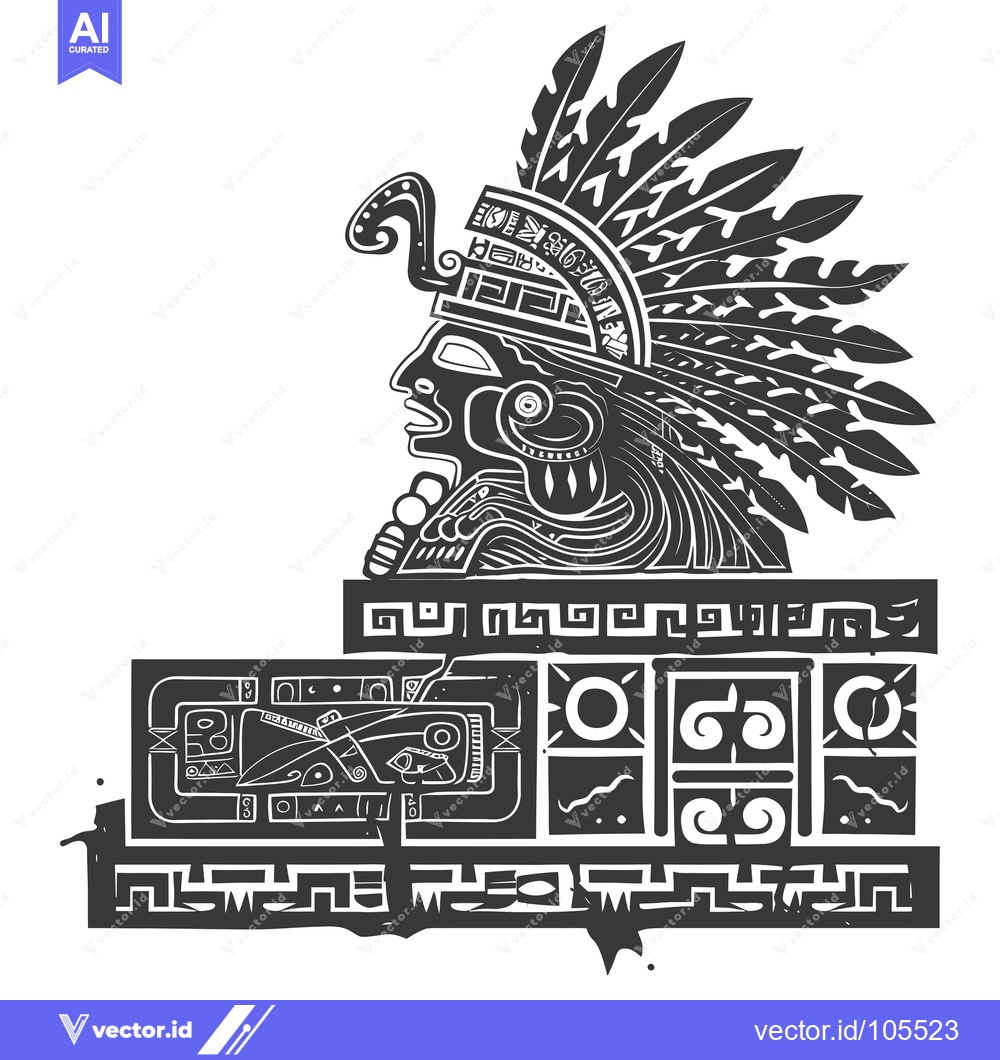 Premium Vector dari Stylized Profile of an Aztec Warrior with a Feather Headdress