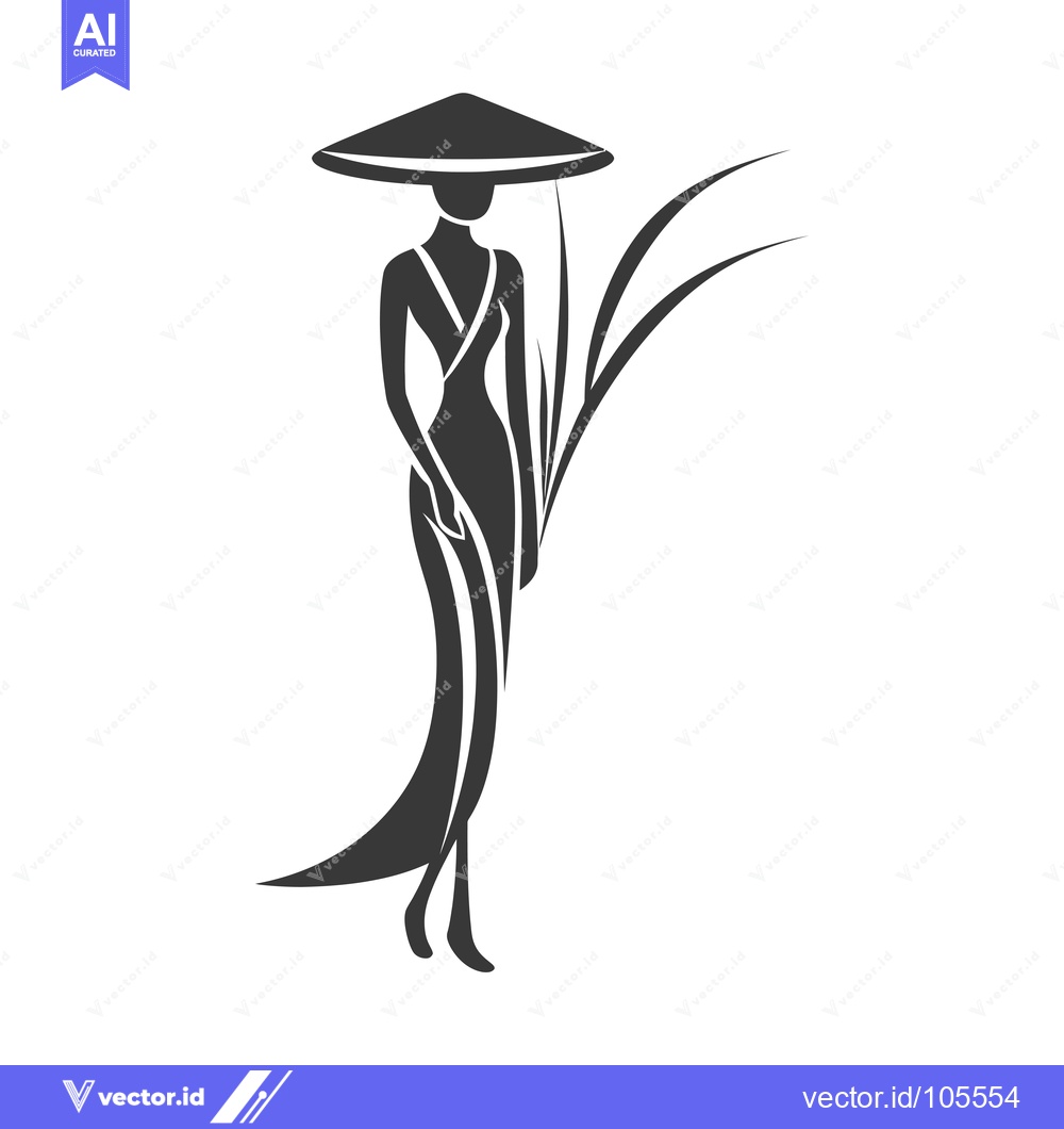 Premium Vector of Stylized Silhouette of a Woman in a Conical Hat Holding Grasses