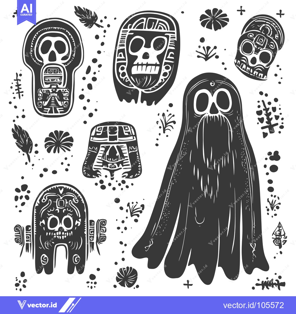 Premium Vector of Stylized Skulls and Floral Motifs in a Black and White Design