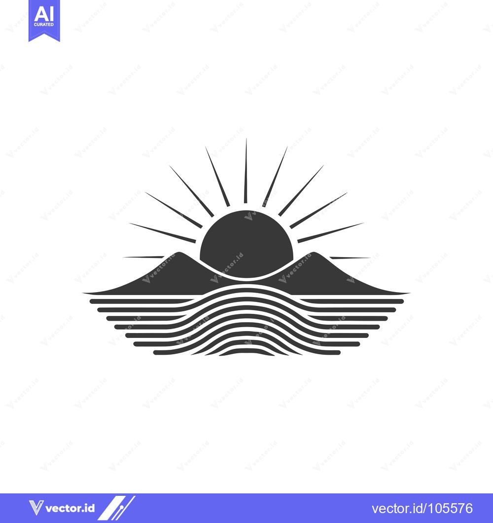 Premium Vector dari Stylized Sunset over a Mountain Range with Rippling Water
