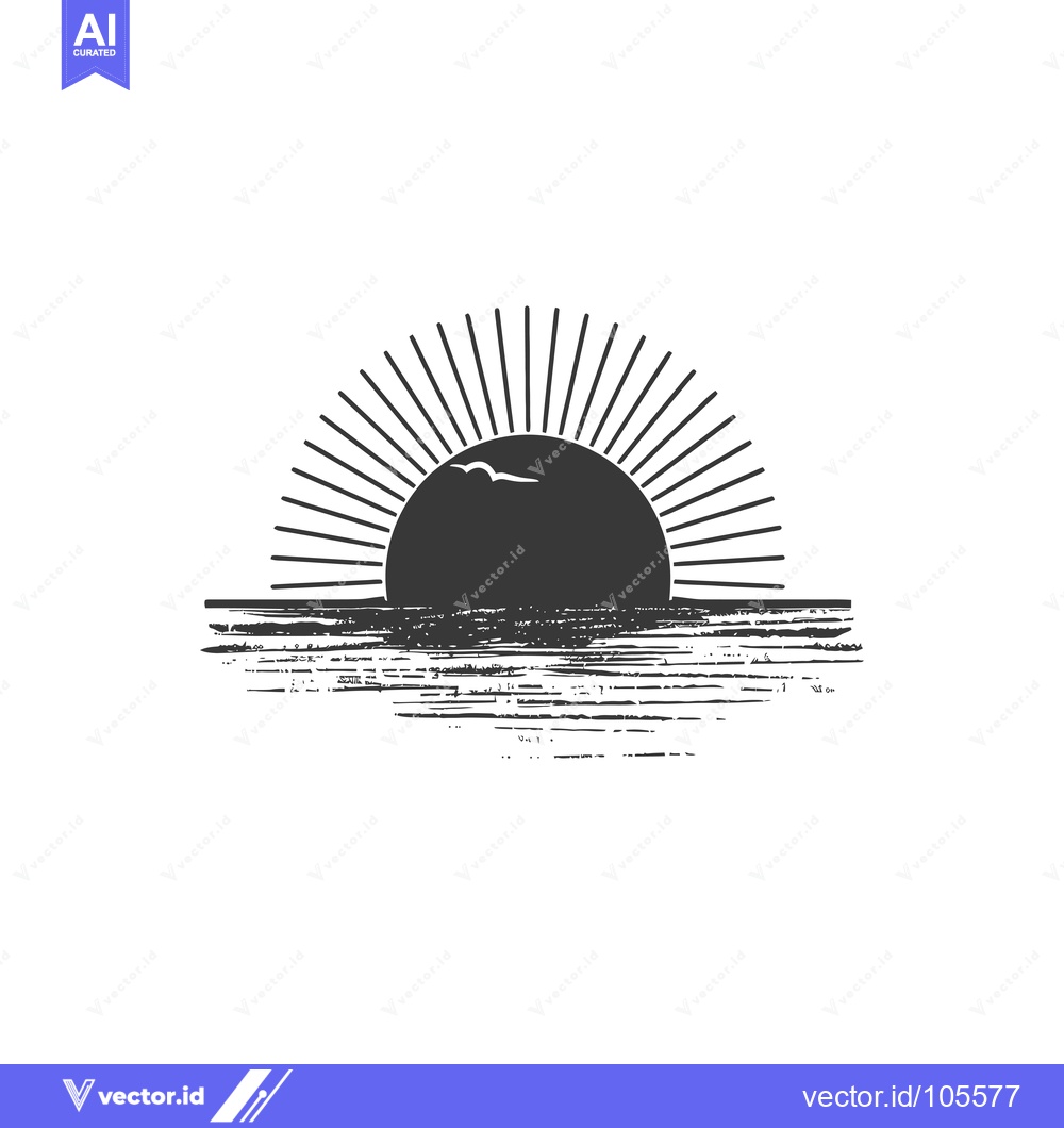 Premium Vector of Stylized Sunset Over Water With Sun Rays and a Bird