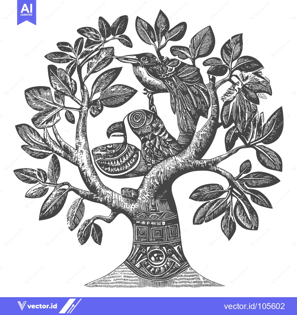 Premium Vector dari Stylized Tree with Two Birds Perched on Branches