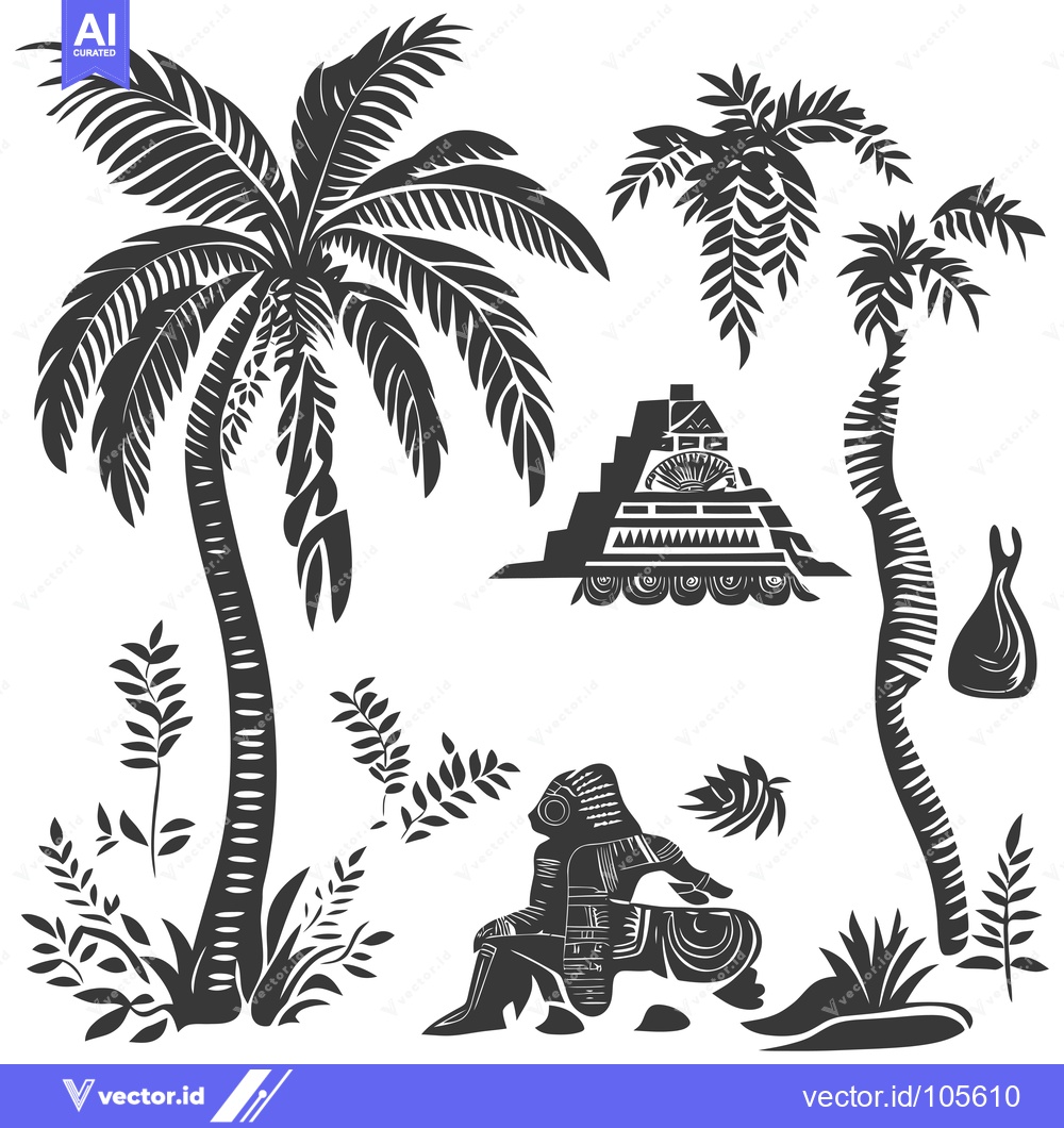 Premium Vector of Stylized Tropical Jungle Scene with Palm Trees, Pyramid, and Figure
