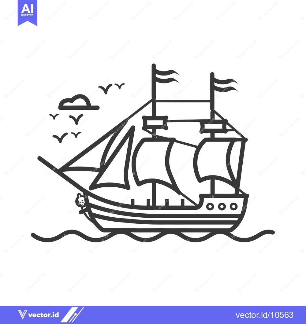 Premium Vector dari A Black and White Line Drawing of a Sailing Ship with Flags and Birds