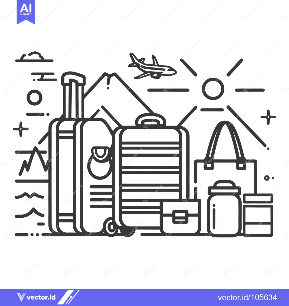 Premium Vector of Suitcases, bags, and travel essentials with a plane, sun, and mountain