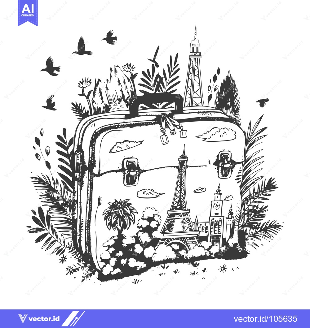 Premium Vector of Suitcase with Cityscape and Birds Flying Around