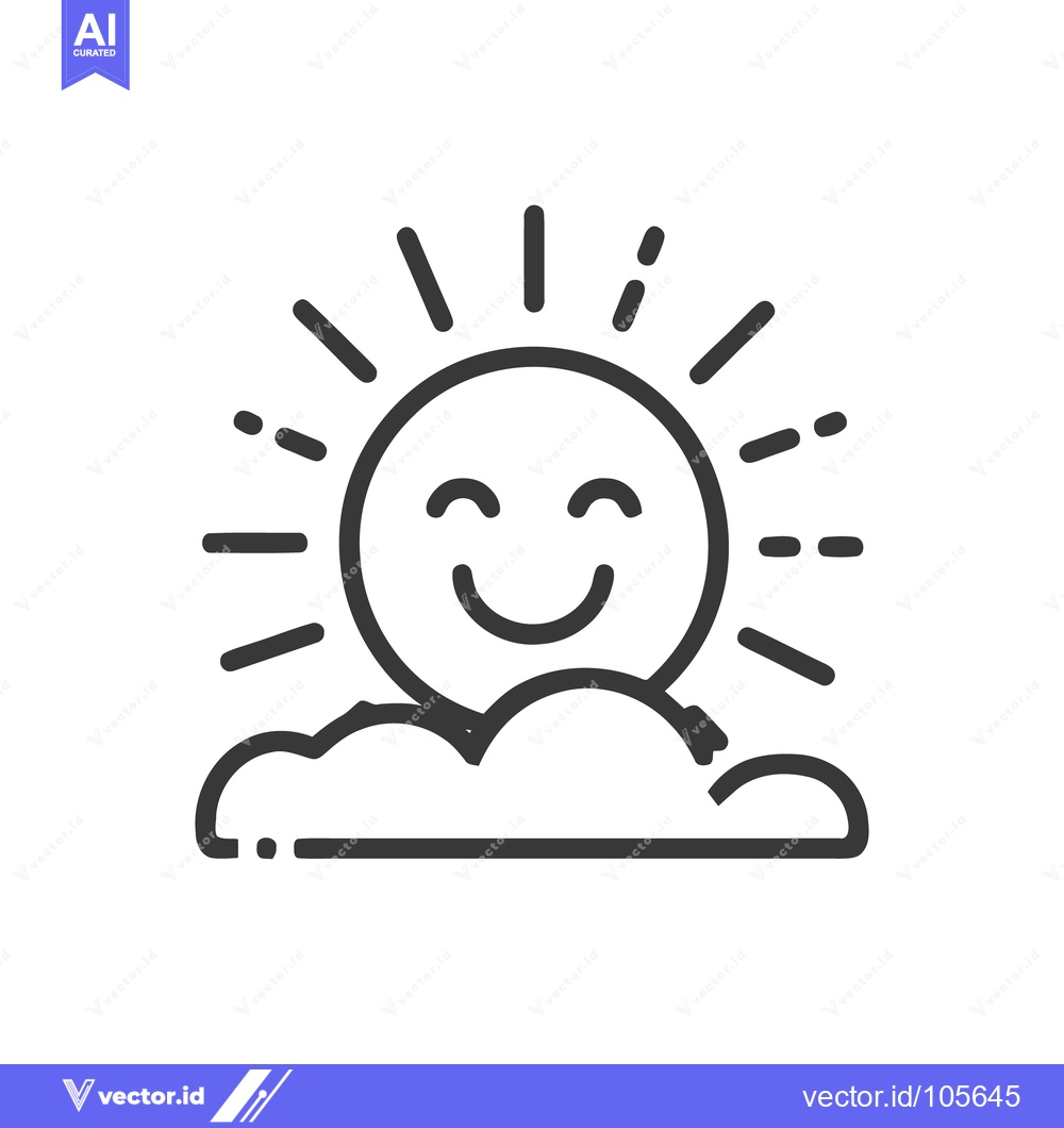 Premium Vector of Smiling Sun Behind Cloud Icon, Minimalist Line Art, Weather Symbol