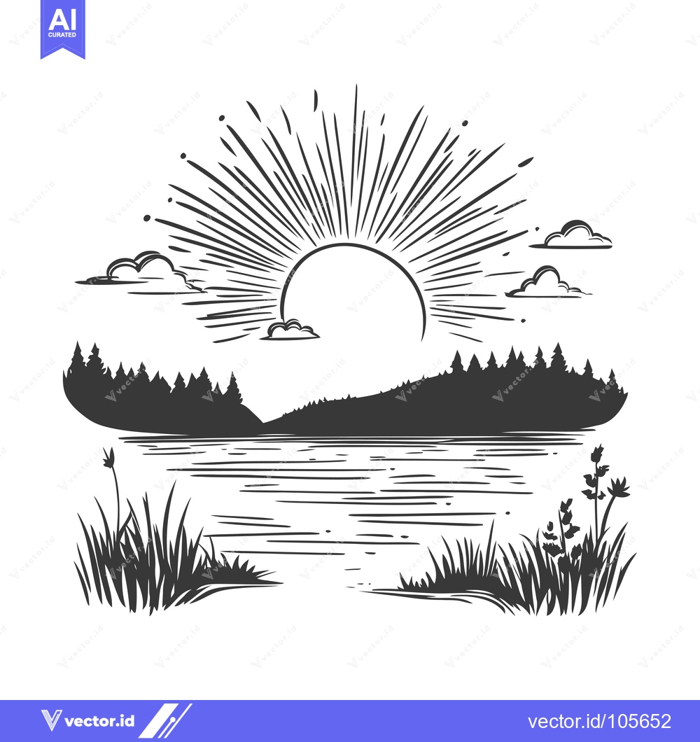 Premium Vector dari Sunrise Over a Tranquil Lake with Forest Silhouette and Grassy Shores