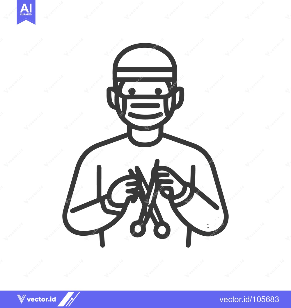 Premium Vector dari Surgeon Icon: Masked Doctor Holding Surgical Scissors, Line Art