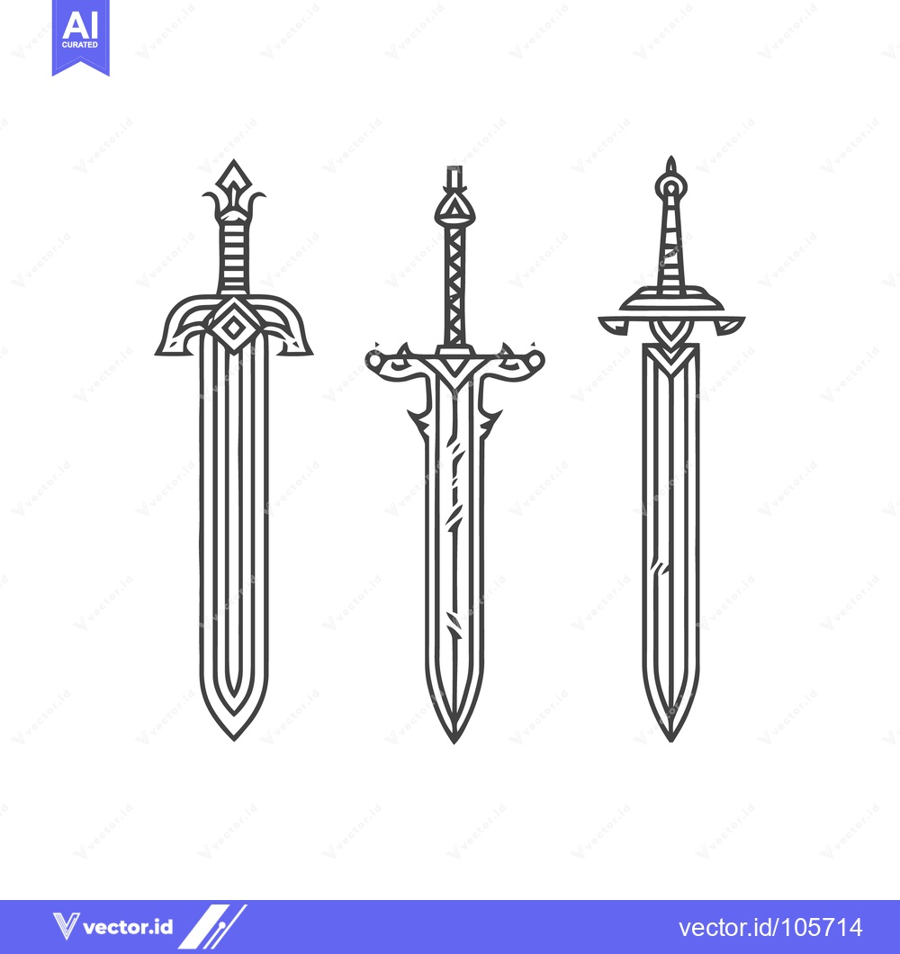 Premium Vector of Three Stylized Swords: Minimalist Line Art on White Background