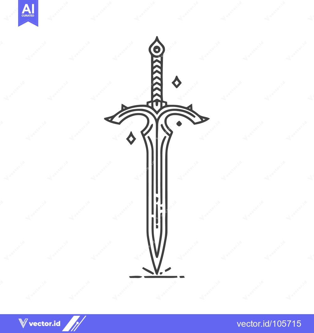Premium Vector of Elegant Line Art: Fantasy Sword with Diamonds and Ground Impact