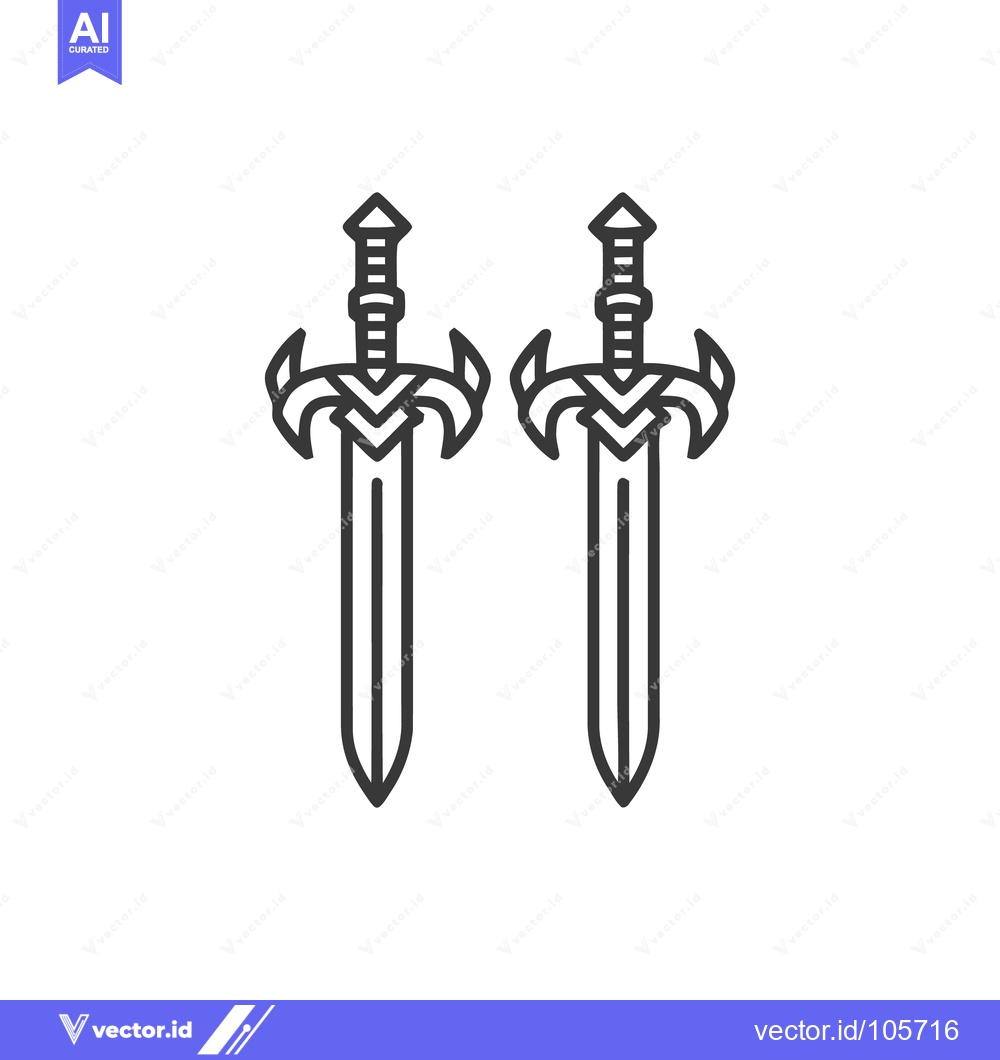 Premium Vector dari Twin Swords: Symmetrical Line Art of Fantasy Blades on White Backgroun