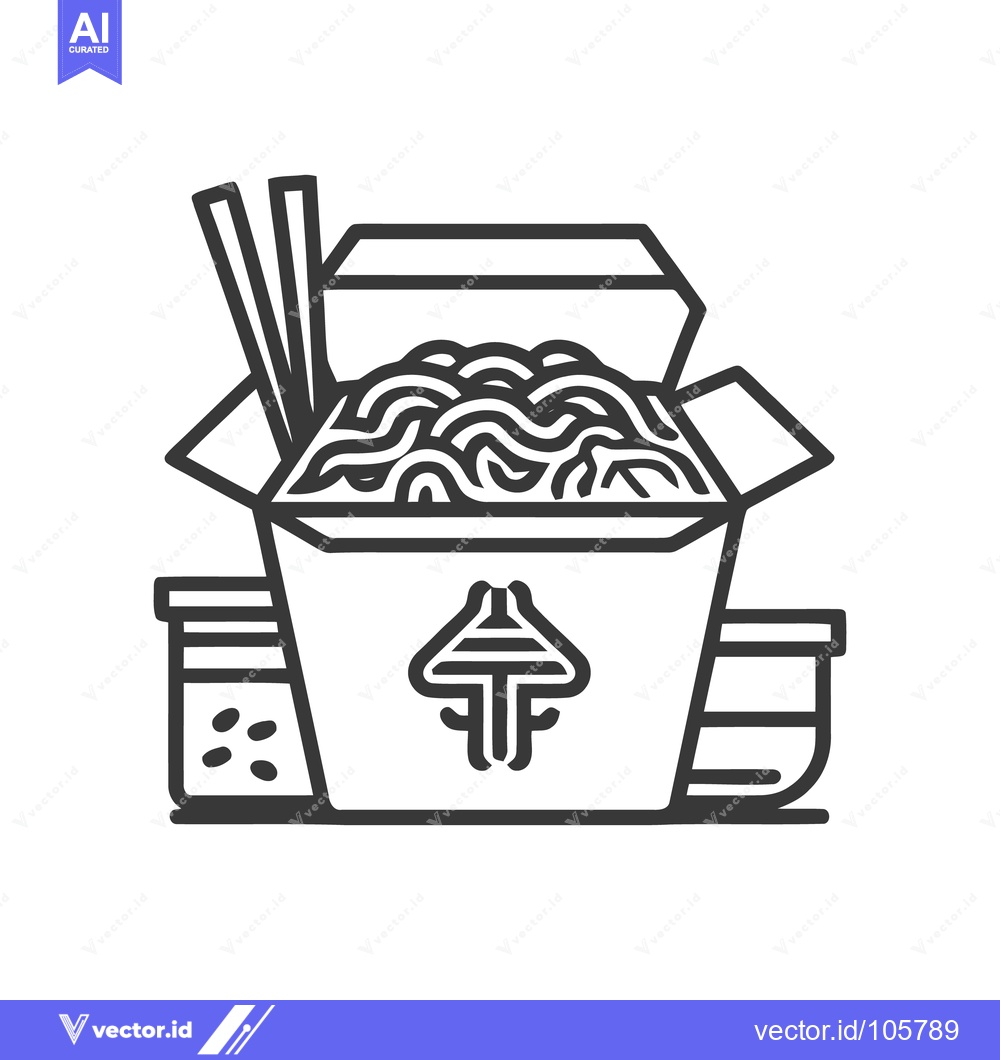 Premium Vector of Minimalist Takeout Noodles Icon: Box, Chopsticks, and Sauce Containers