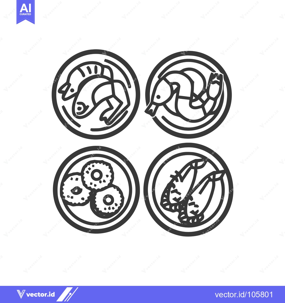 Premium Vector dari Minimalist Seafood Medley: Shrimp, Fish, and Cookies in Circular Plate