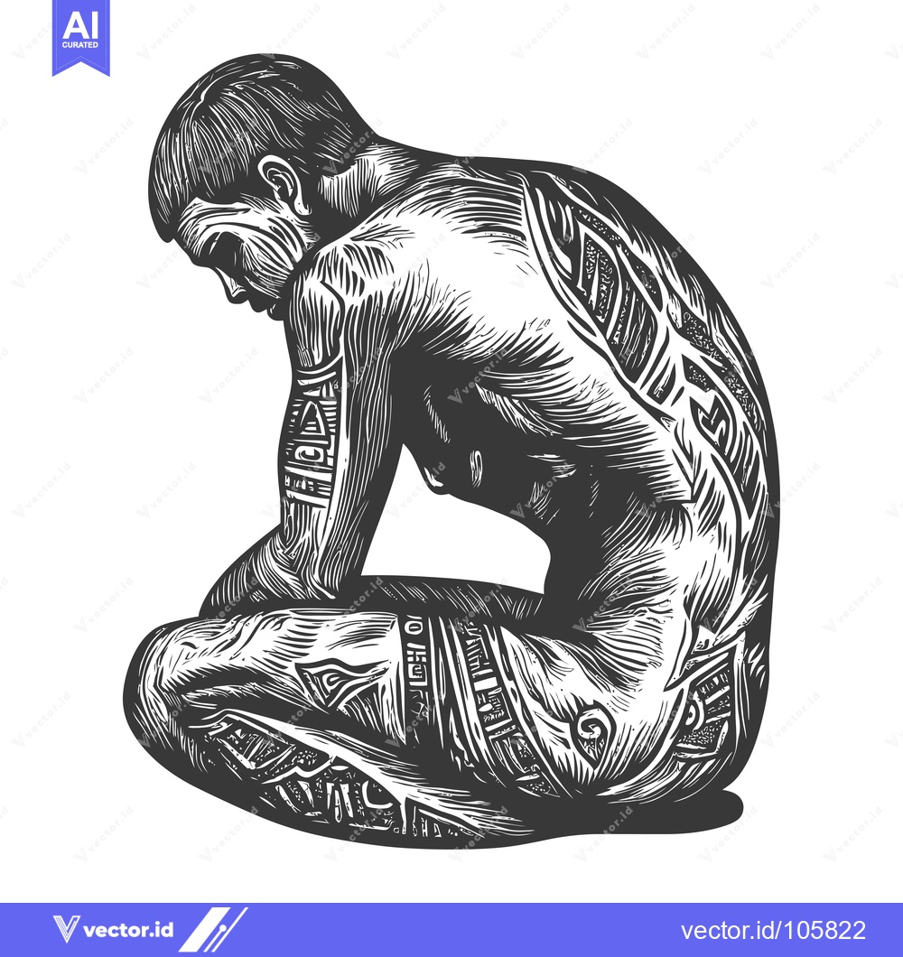 Premium Vector of Tattooed Man Sitting with Head Down, Black and White Illustration
