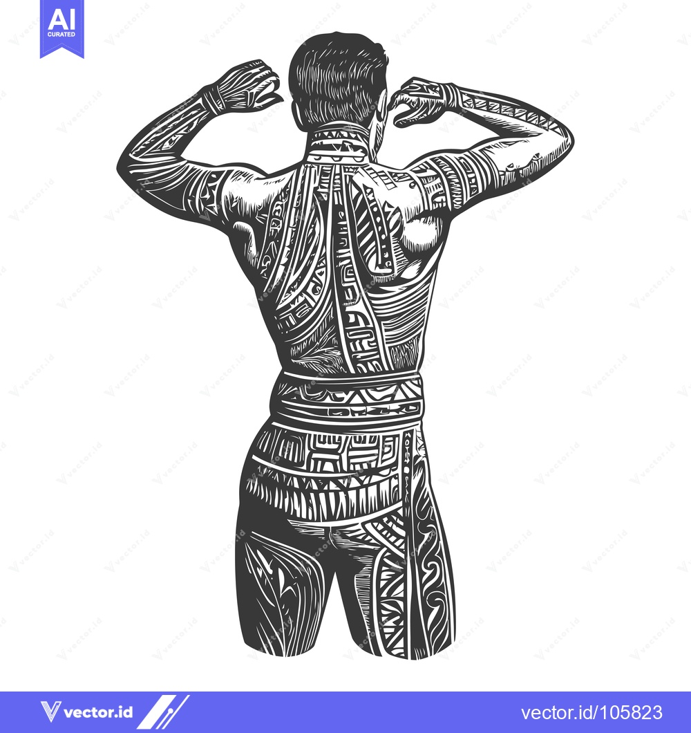Premium Vector dari Tattooed Man Standing With Arms Raised, Back View