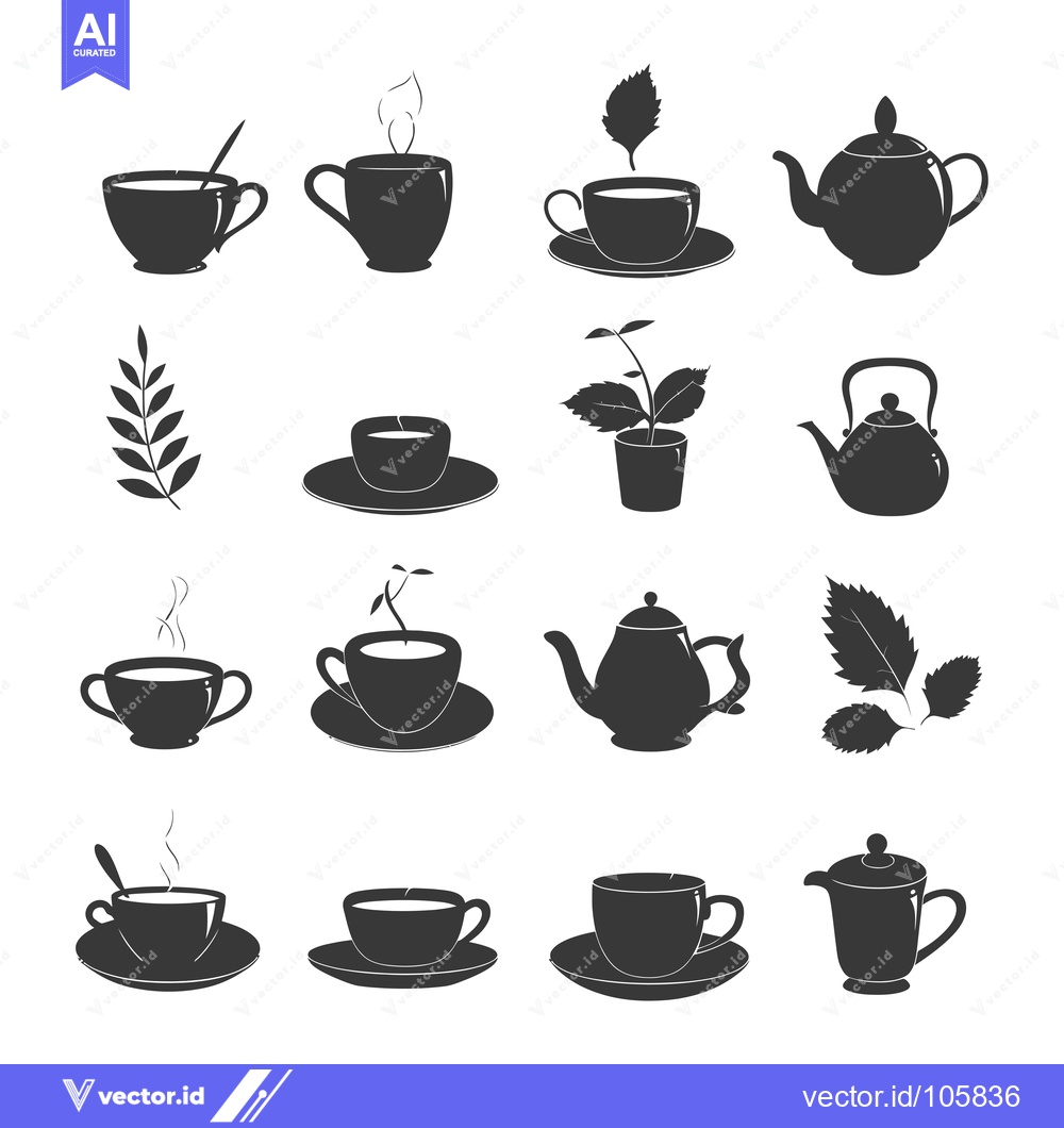 Premium Vector dari Teacups, Teapots, and Tea Leaves in a Black and White Silhouette Desig