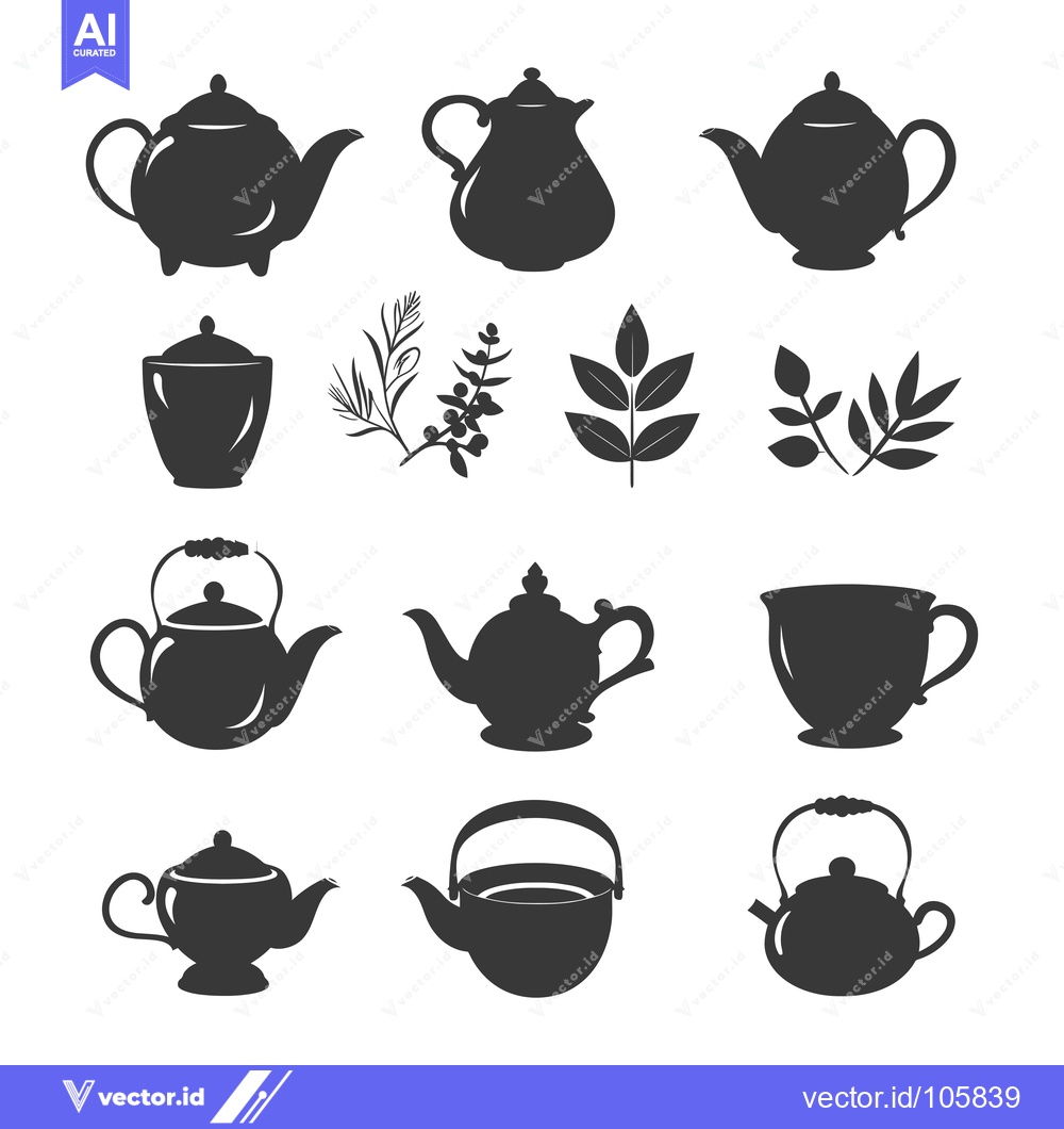 Premium Vector dari Teapot and Teacup Silhouettes with Leaf Illustrations