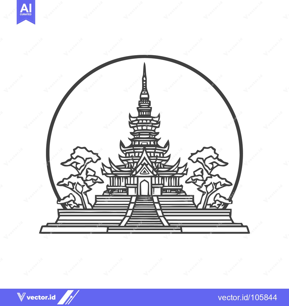 Premium Vector dari Minimalist Pagoda Illustration with Trees in Circular Frame Design