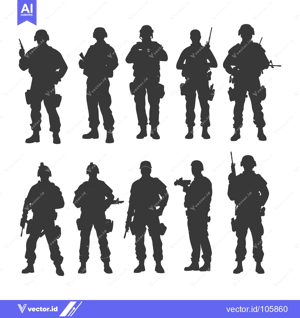Premium Vector dari Ten Silhouettes of Soldiers in Full Military Gear