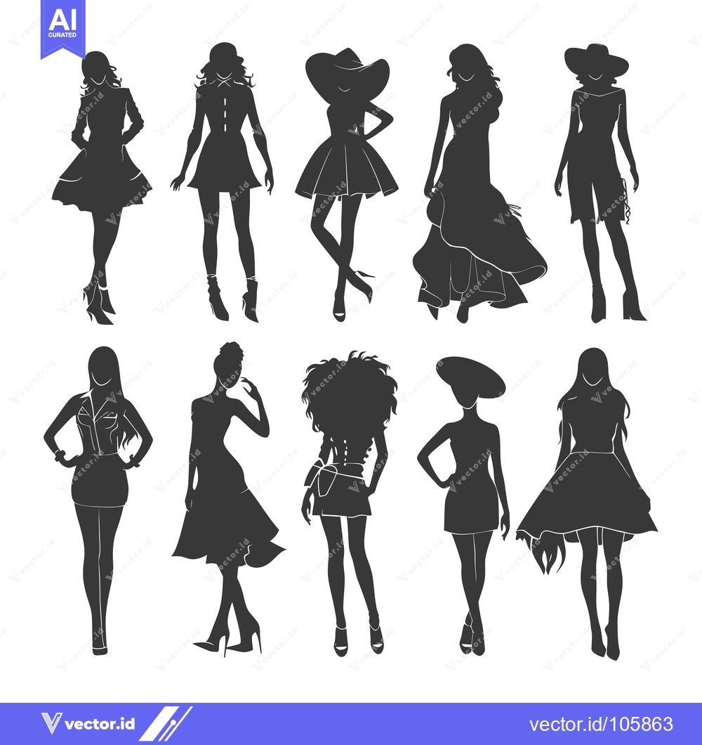 Premium Vector dari Ten Silhouettes of Women in Various Fashionable Outfits