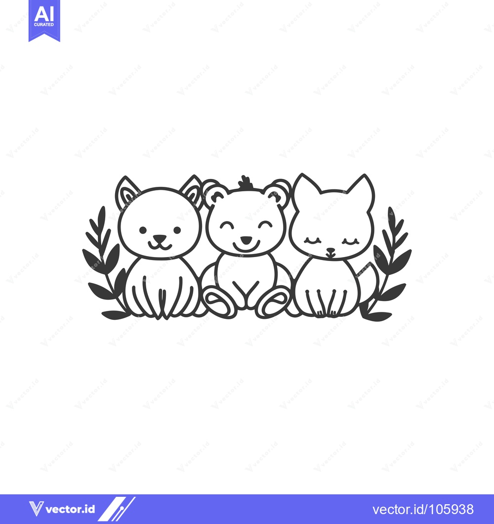 Premium Vector dari Three Adorable Cartoon Animals Sitting in a Row with Leaves